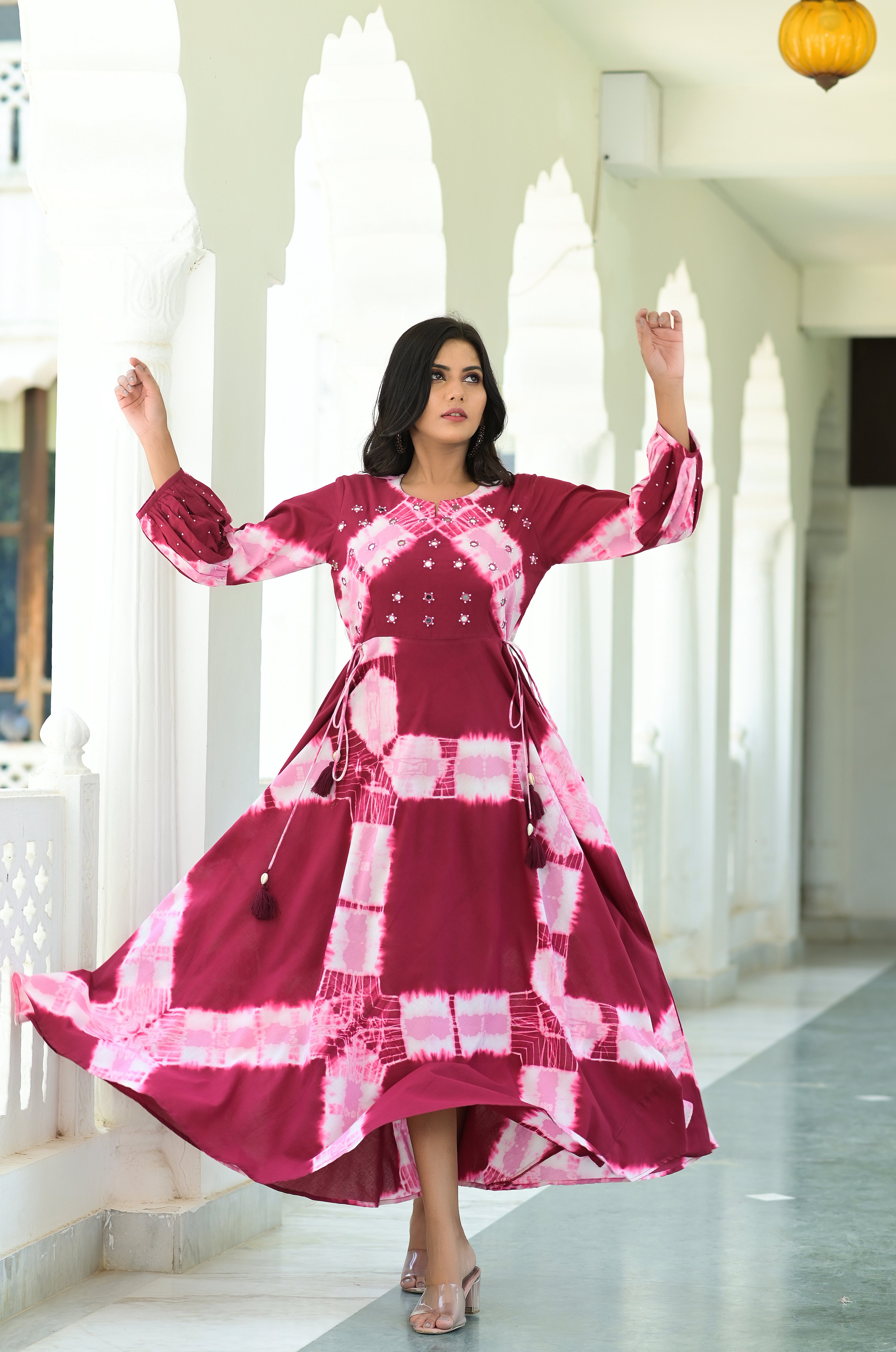 Women's Maxi Cotton Dress With A Splash Of Pink - Hatheli