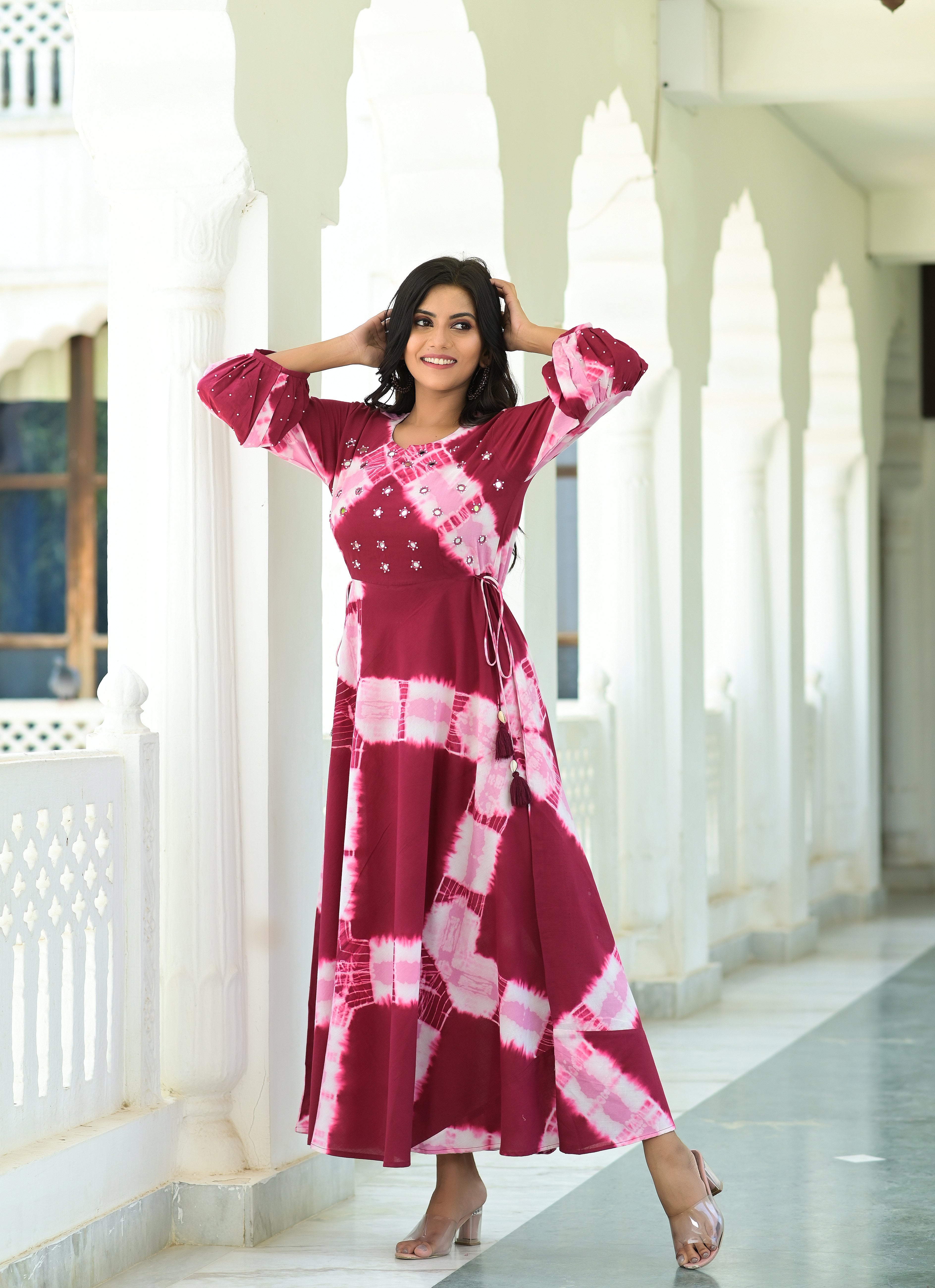 Women's Maxi Cotton Dress With A Splash Of Pink - Hatheli