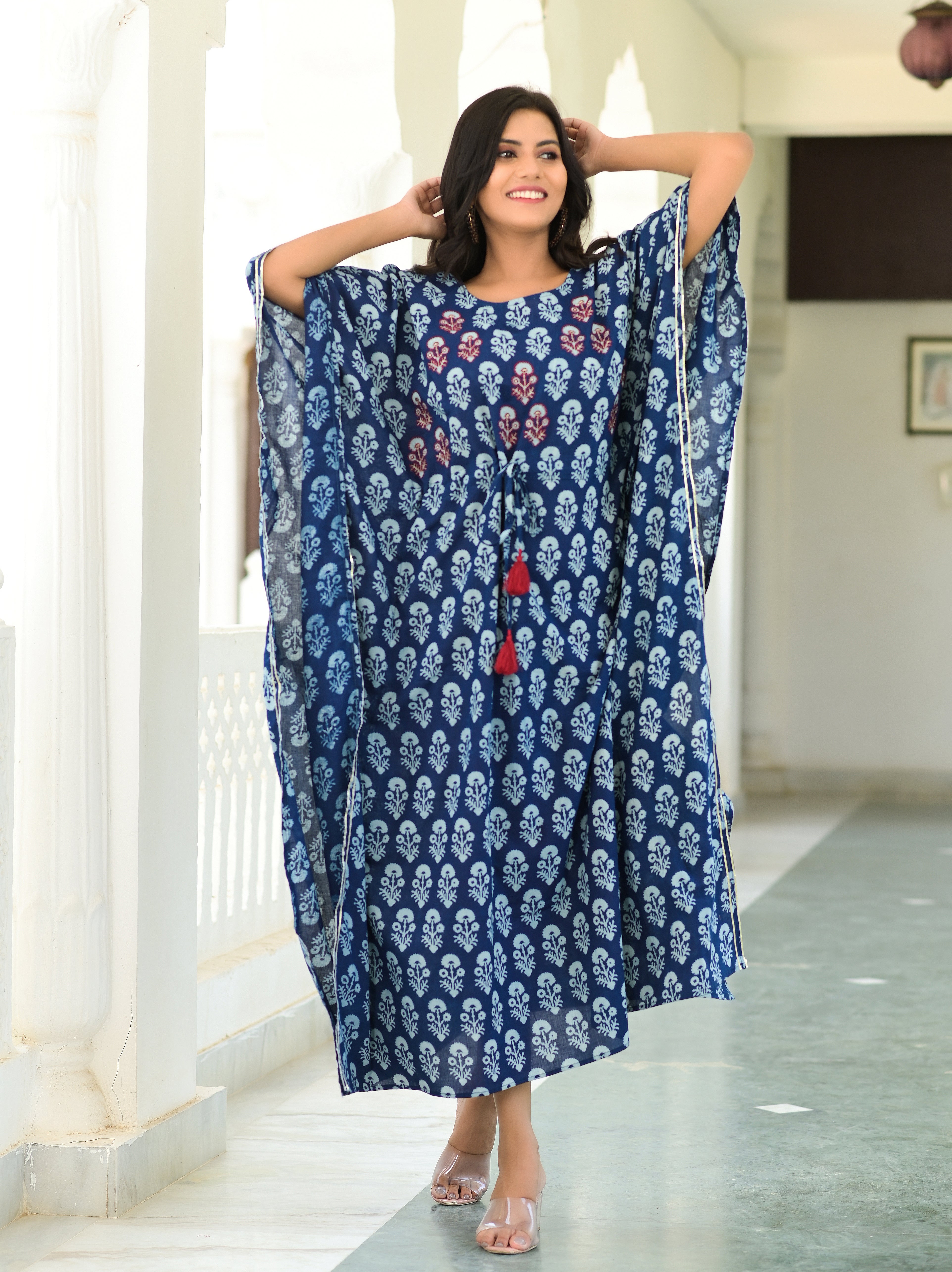 Women's Printed Kaftan Dress Embellished With Adda Work - Hatheli