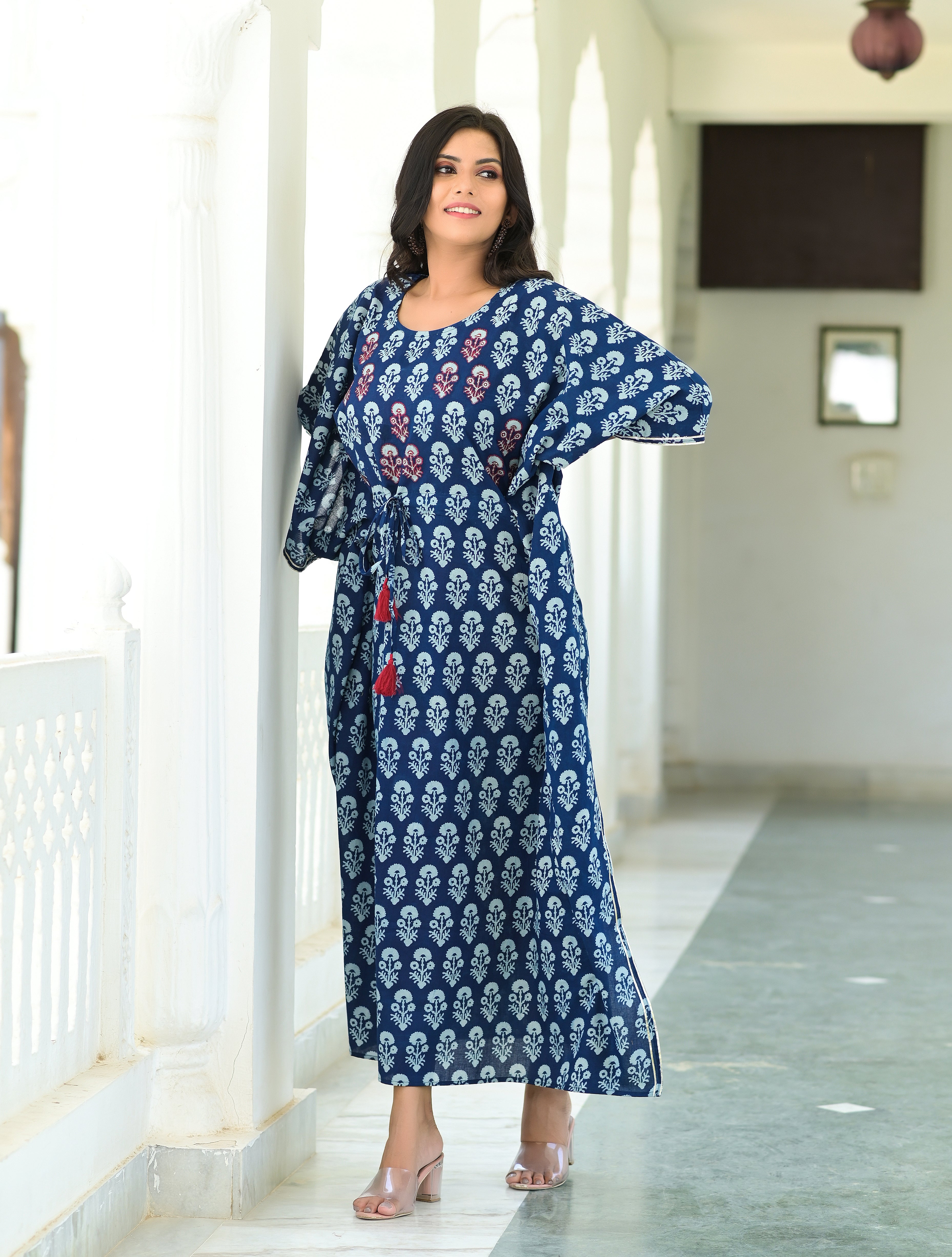 Women's Printed Kaftan Dress Embellished With Adda Work - Hatheli