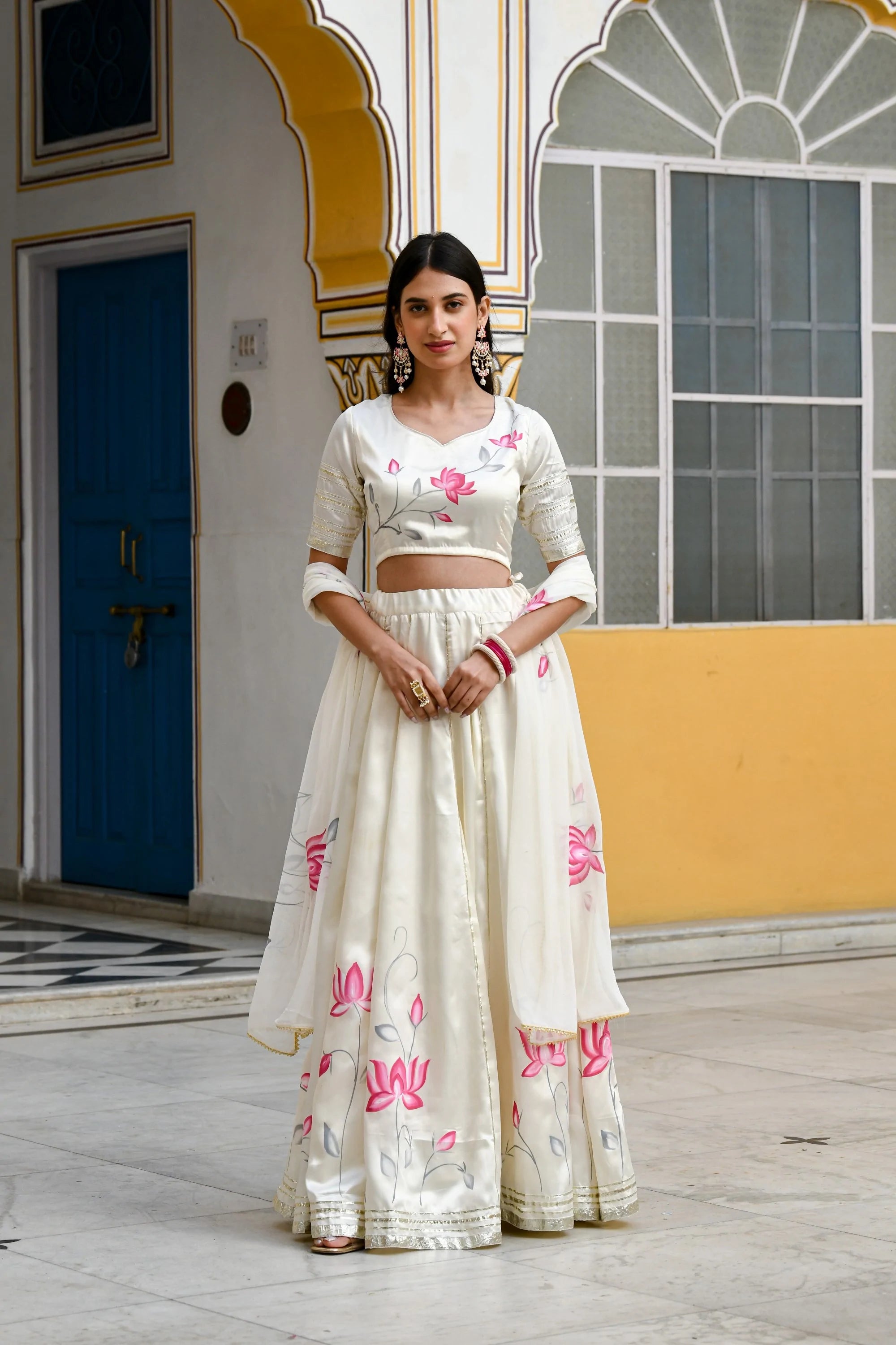 Women's Off-White Lehenga Choli In Satin Silk- (3Pc Set)  - Saras The Label