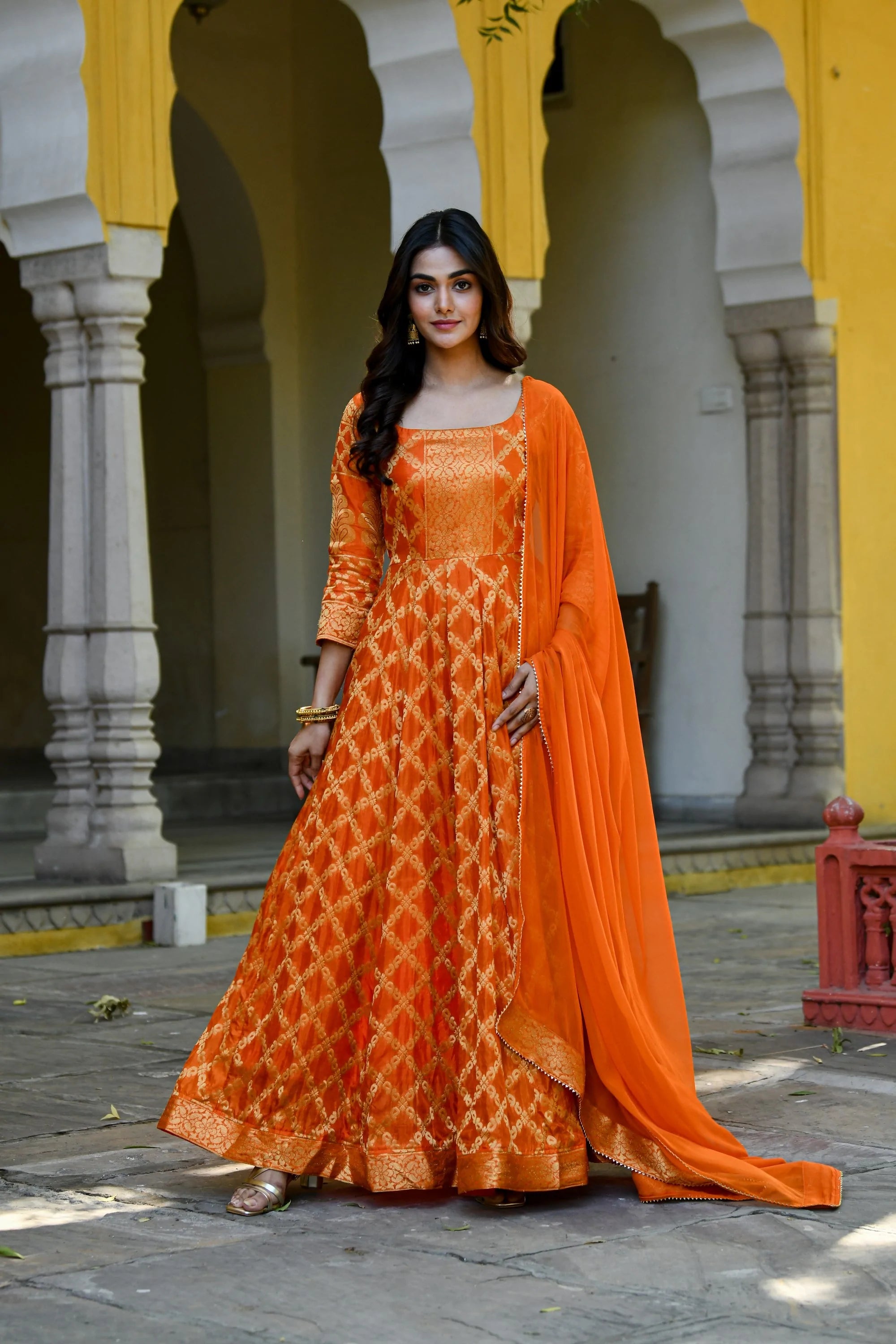 Women's Orange Silk Anarkali Gown With Dupatta- (2Pc Set)  - Saras The Label