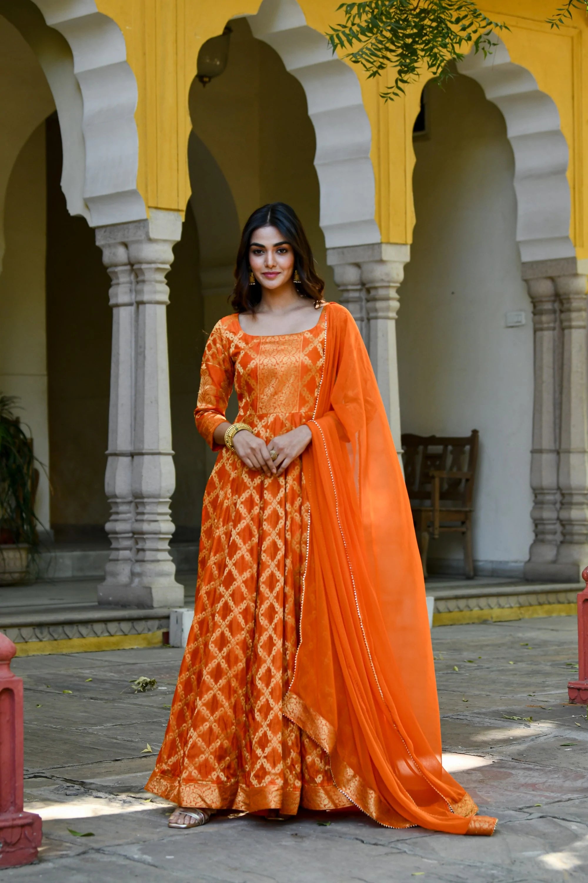 Women's Orange Silk Anarkali Gown With Dupatta- (2Pc Set)  - Saras The Label