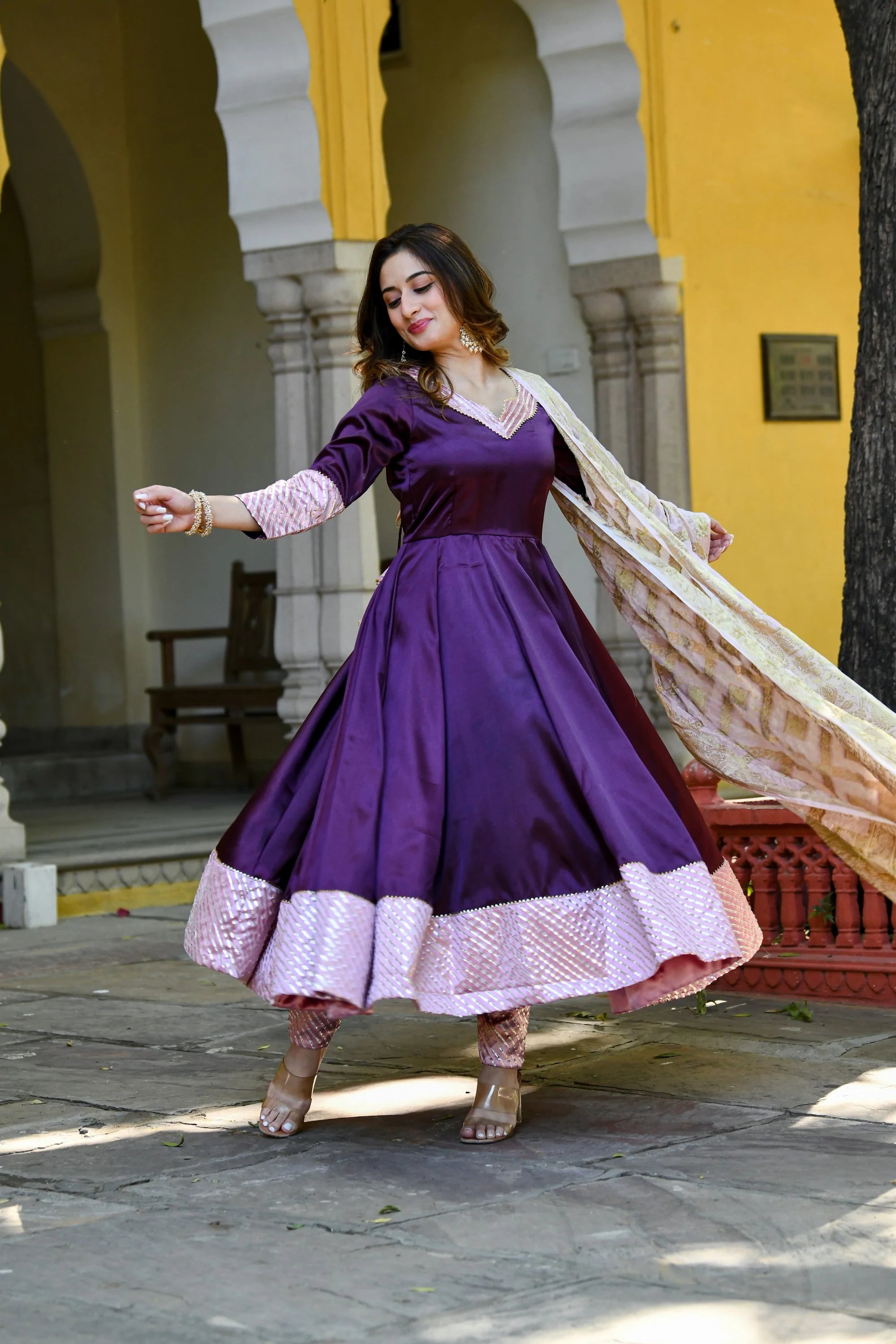Women's Dark Purple Anarkali Suit Set With Dupatta- (3Pc Set) - Saras The Label