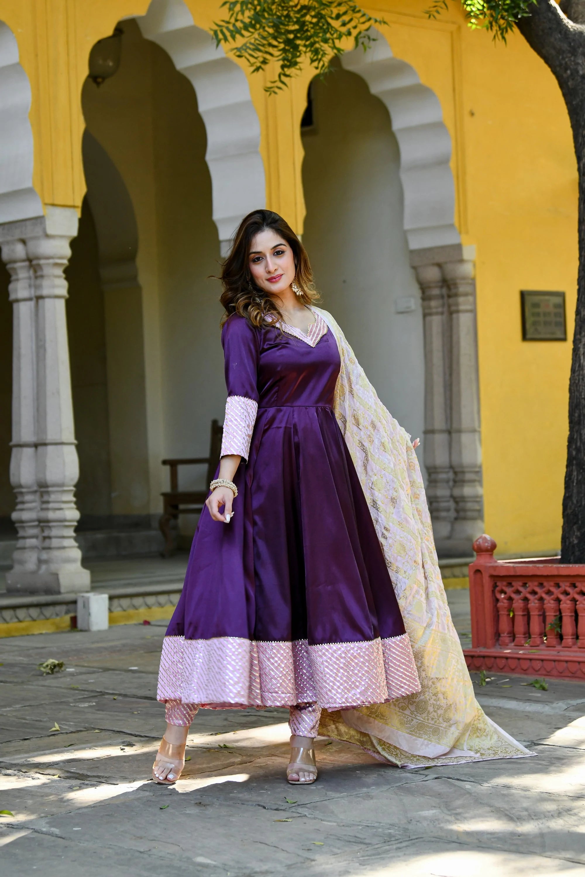 Women's Dark Purple Anarkali Suit Set With Dupatta- (3Pc Set) - Saras The Label