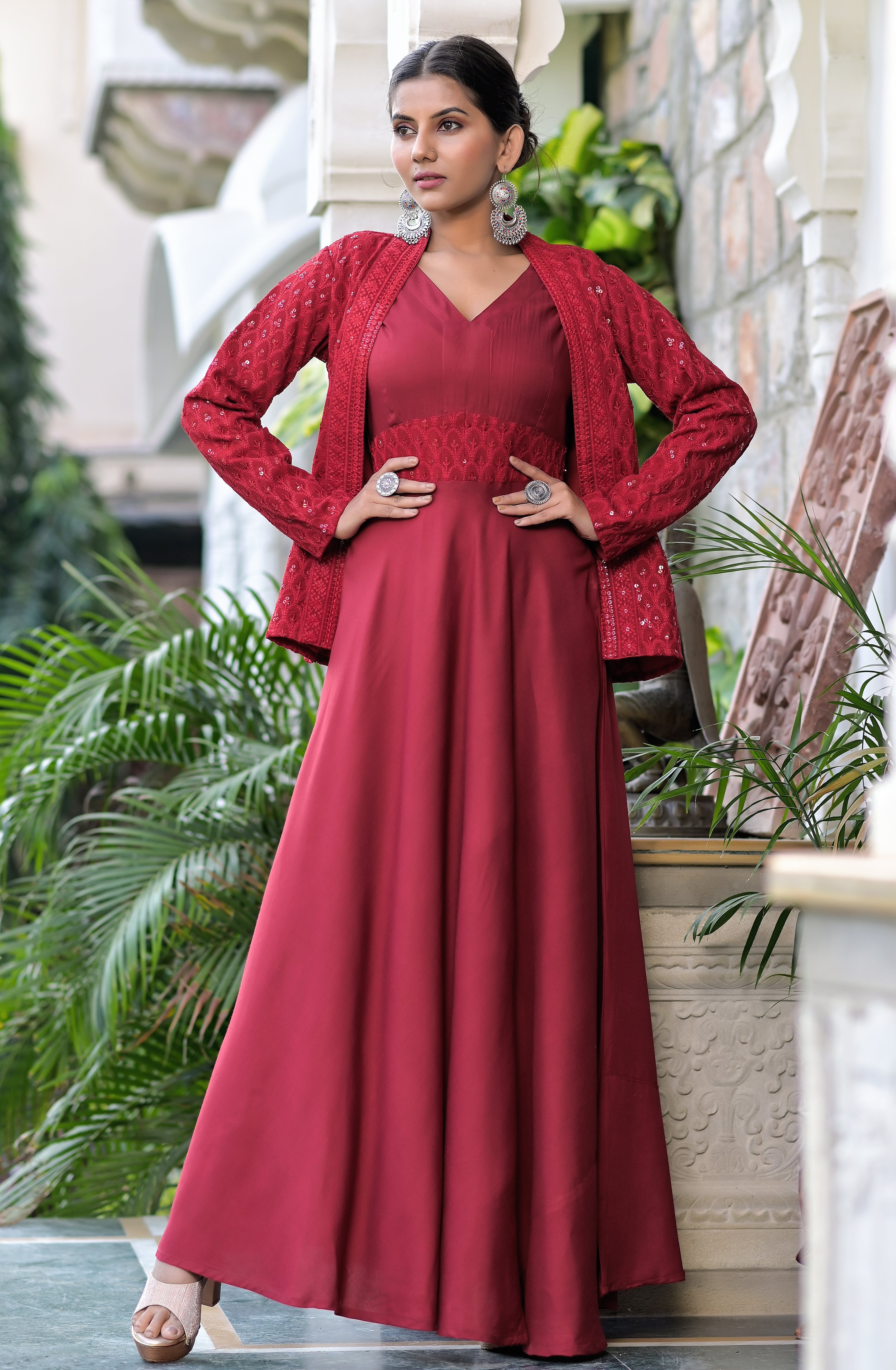 Women's Sangira Red Dress With Embroidered Jacket - Hatheli
