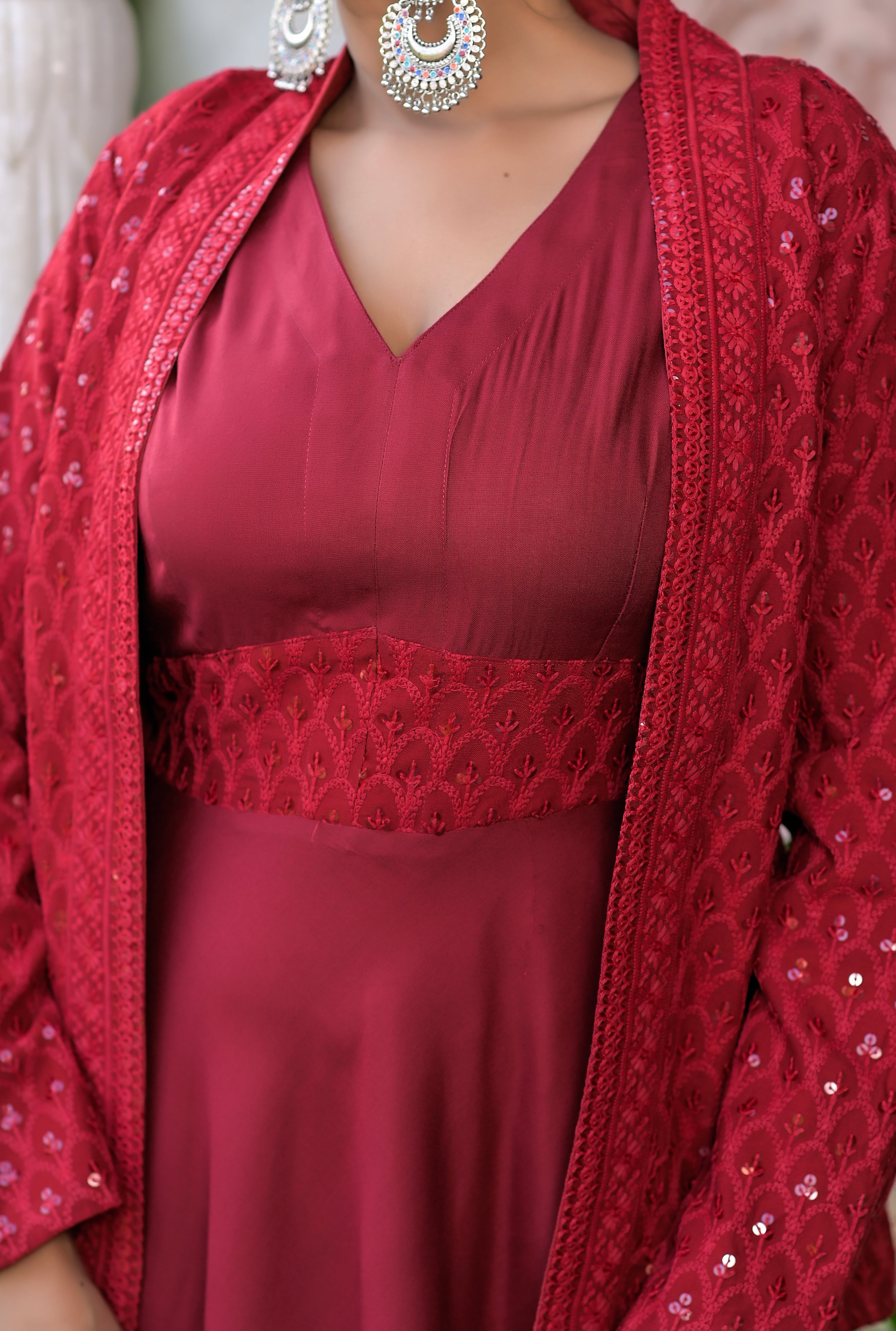 Women's Sangira Red Dress With Embroidered Jacket - Hatheli