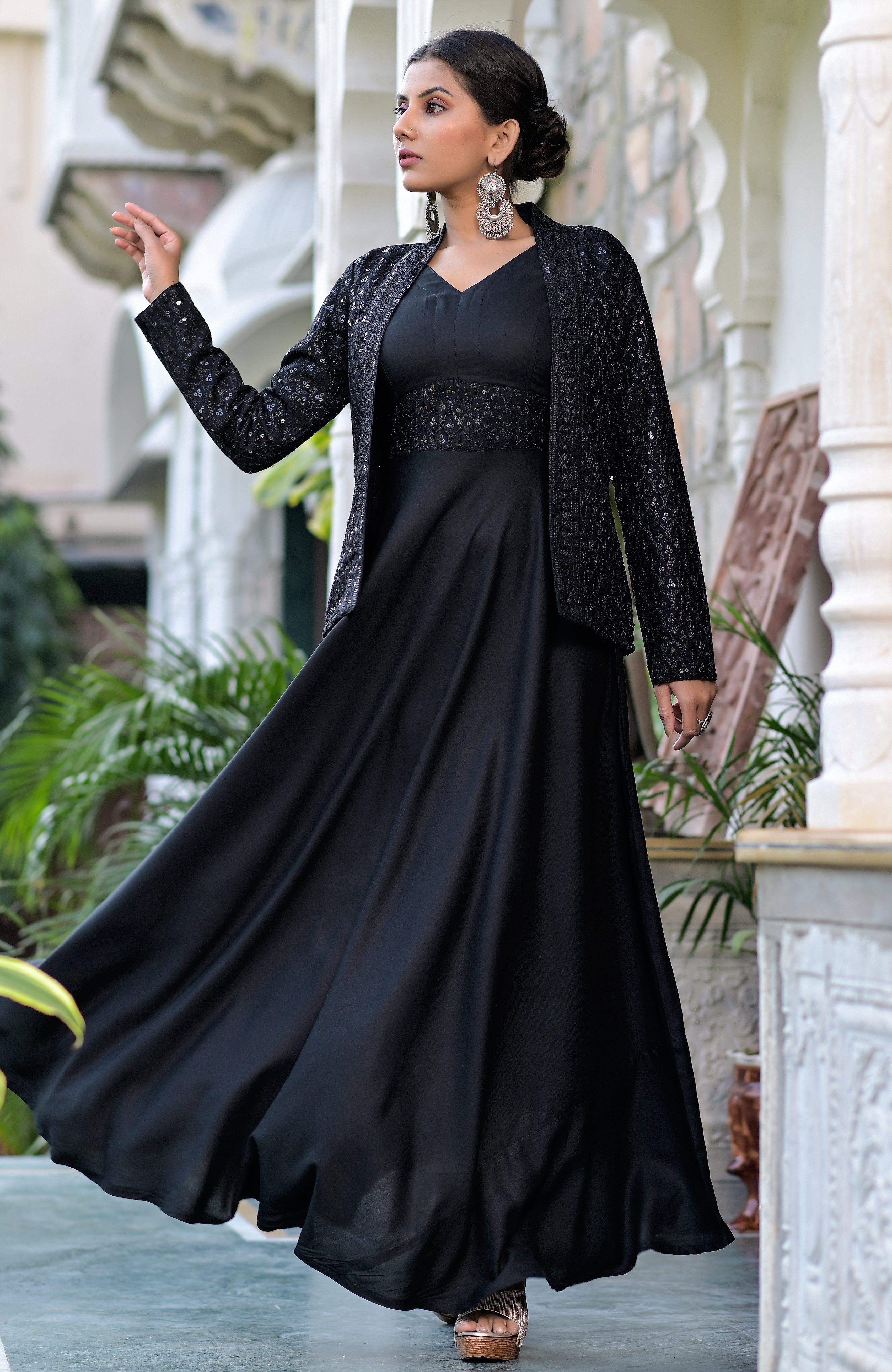 Women's Moon Child Black Dress With Embroidered Jacket - Hatheli