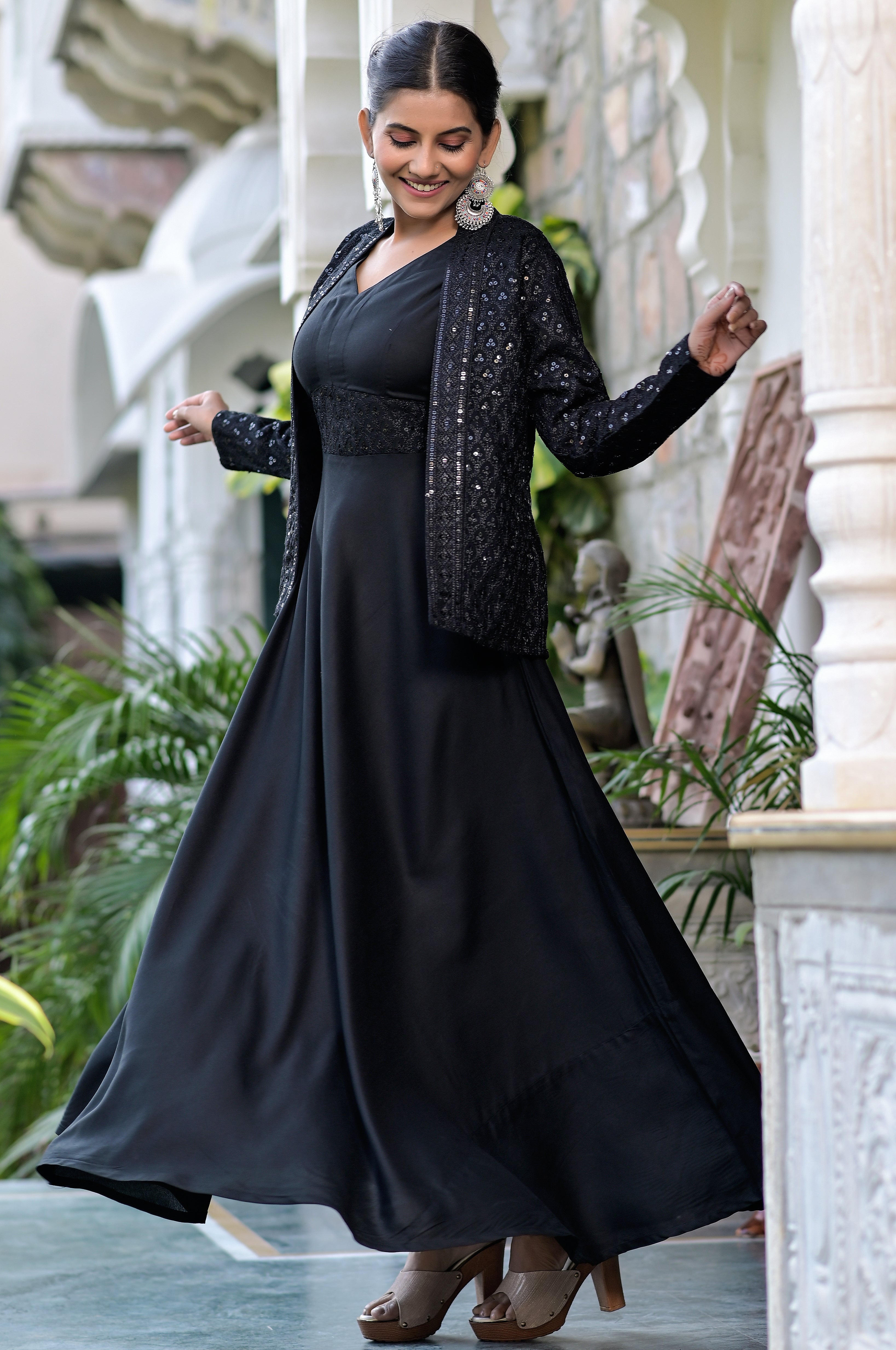 Women's Moon Child Black Dress With Embroidered Jacket - Hatheli