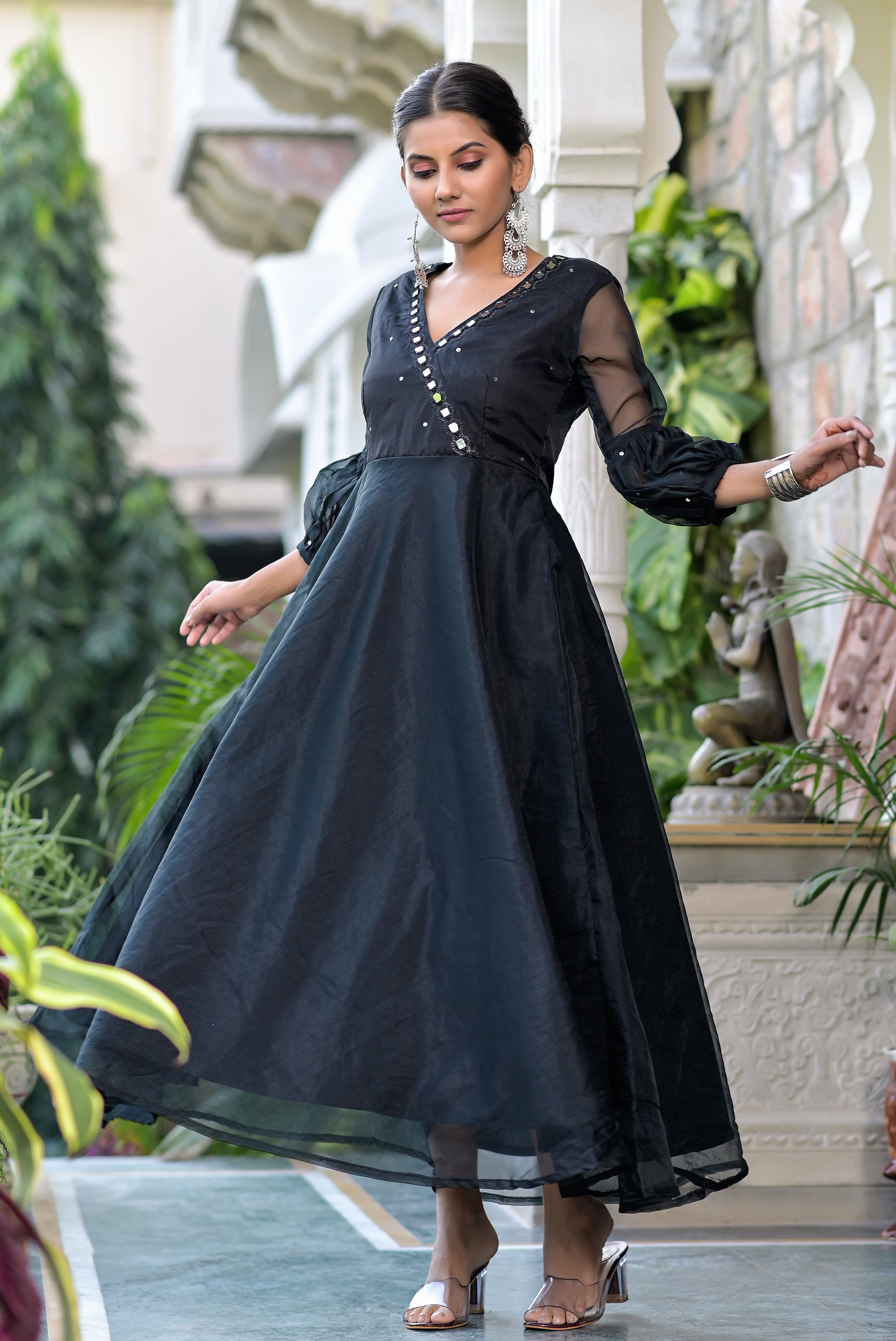 Women's Raven Black  Mirror Embroidery Organza Dress - Hatheli