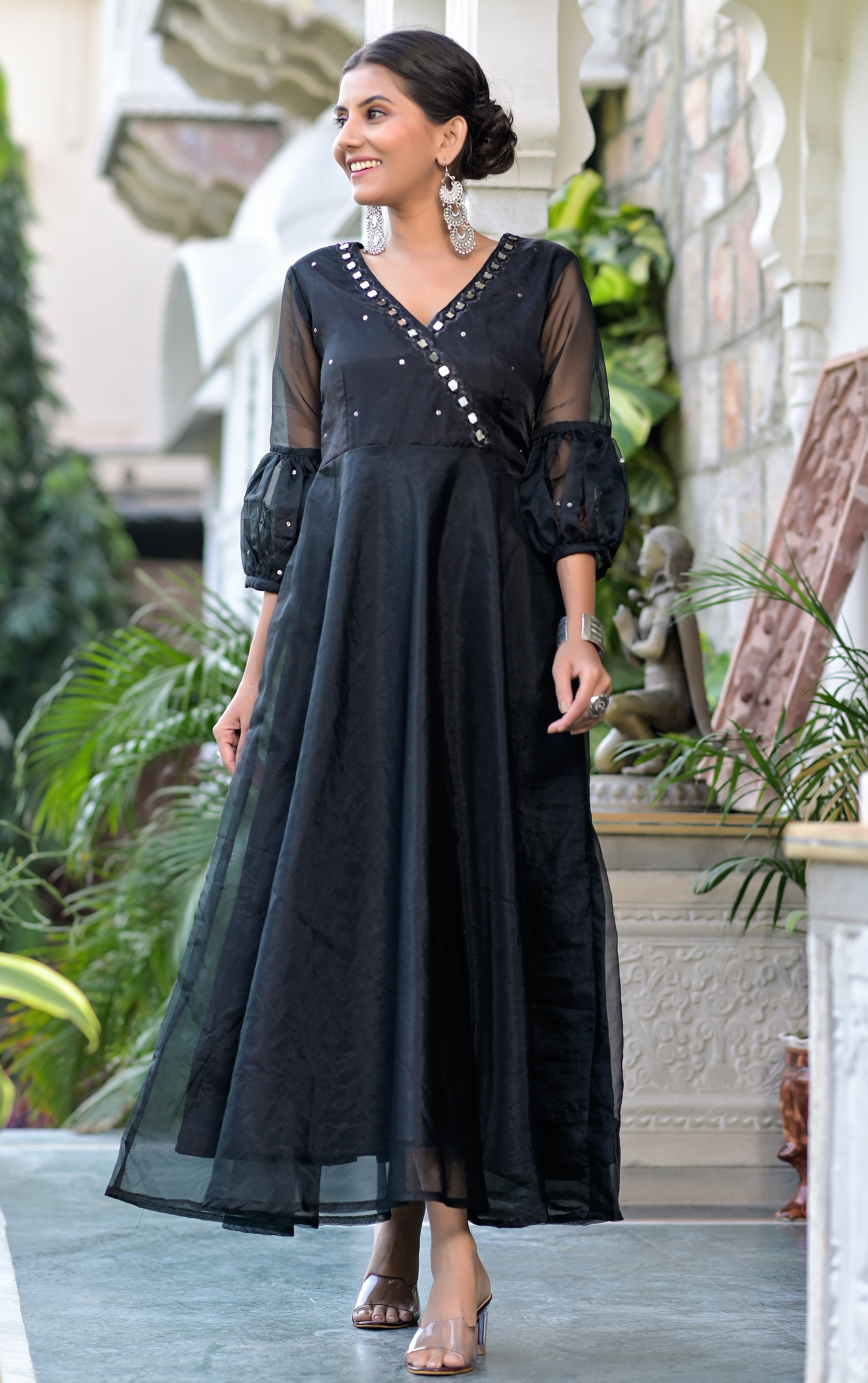 Women's Raven Black  Mirror Embroidery Organza Dress - Hatheli