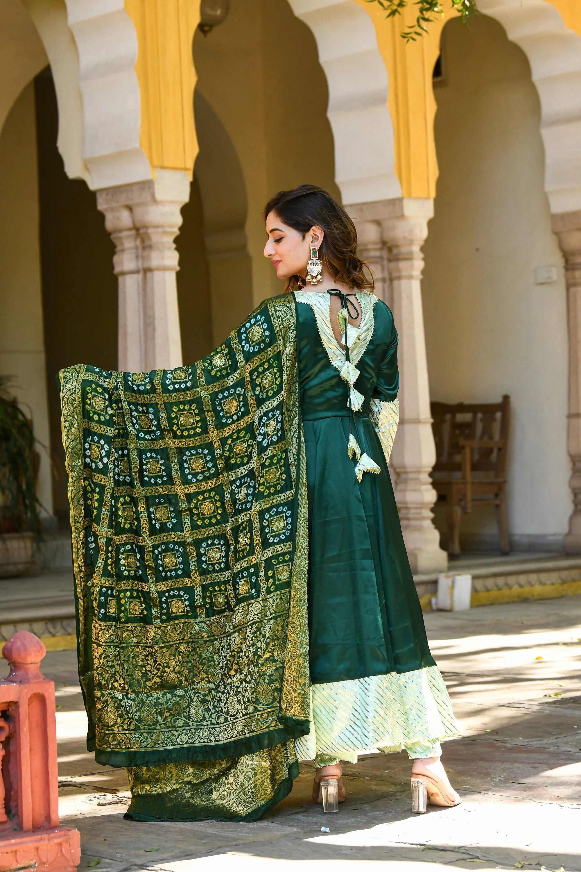 Women's Bottle Green Anarkali Suit With Dupatta- (3Pc Set) - Saras The Label