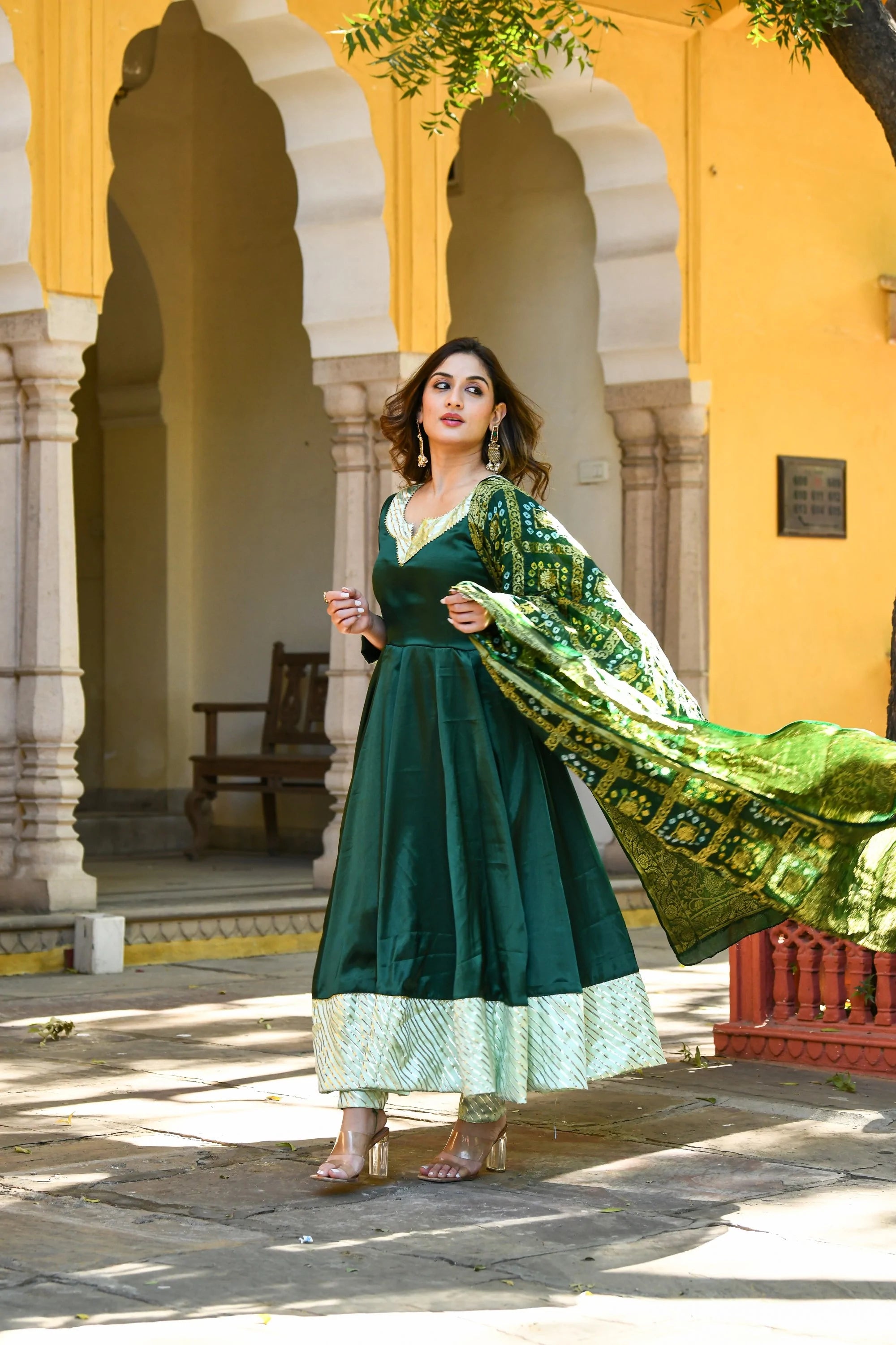 Women's Bottle Green Anarkali Suit With Dupatta- (3Pc Set) - Saras The Label
