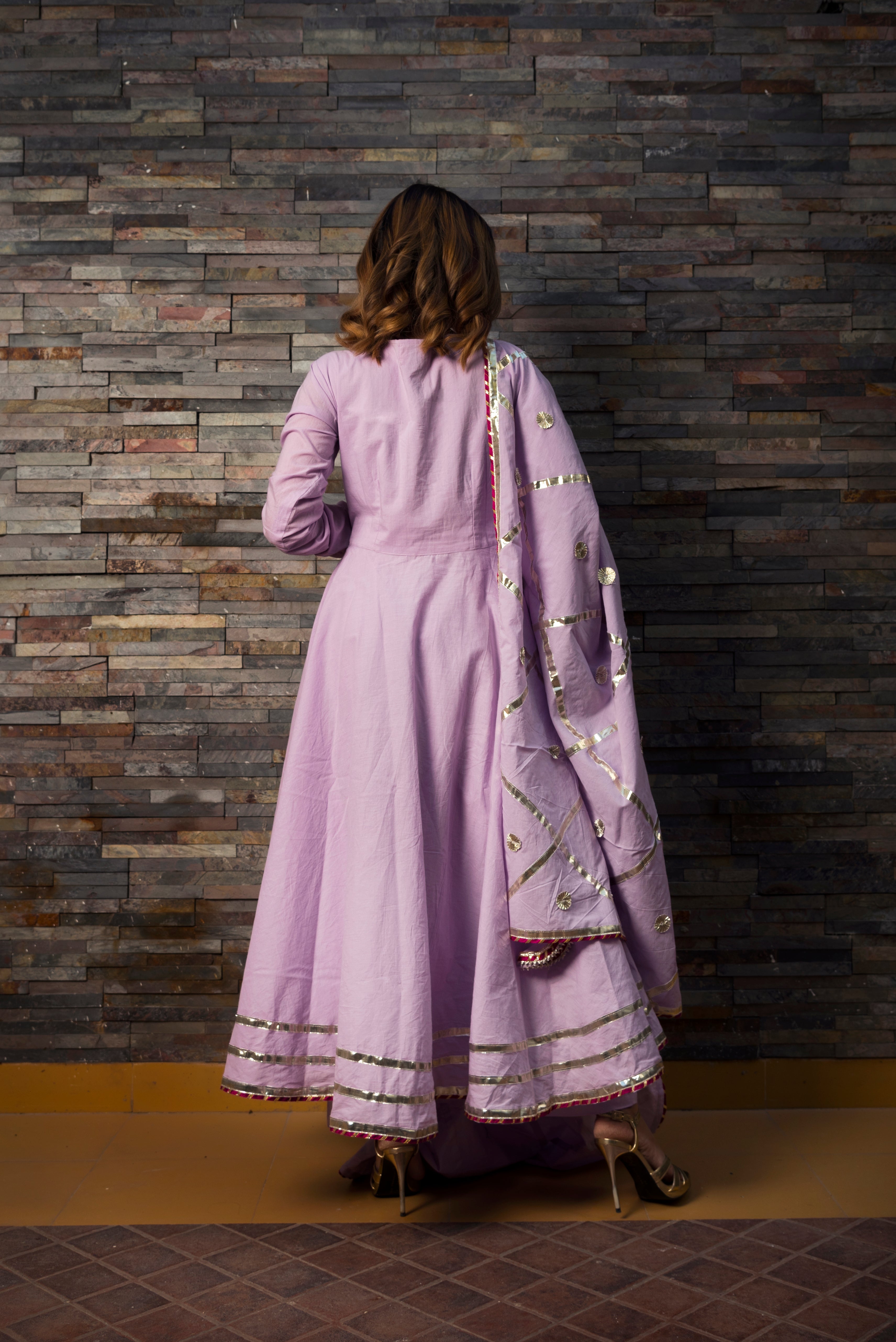 Women's Lavender Cotton Anarkali Kurta with Pant & Dupatta (3pcs Set) - Pomcha Jaipur