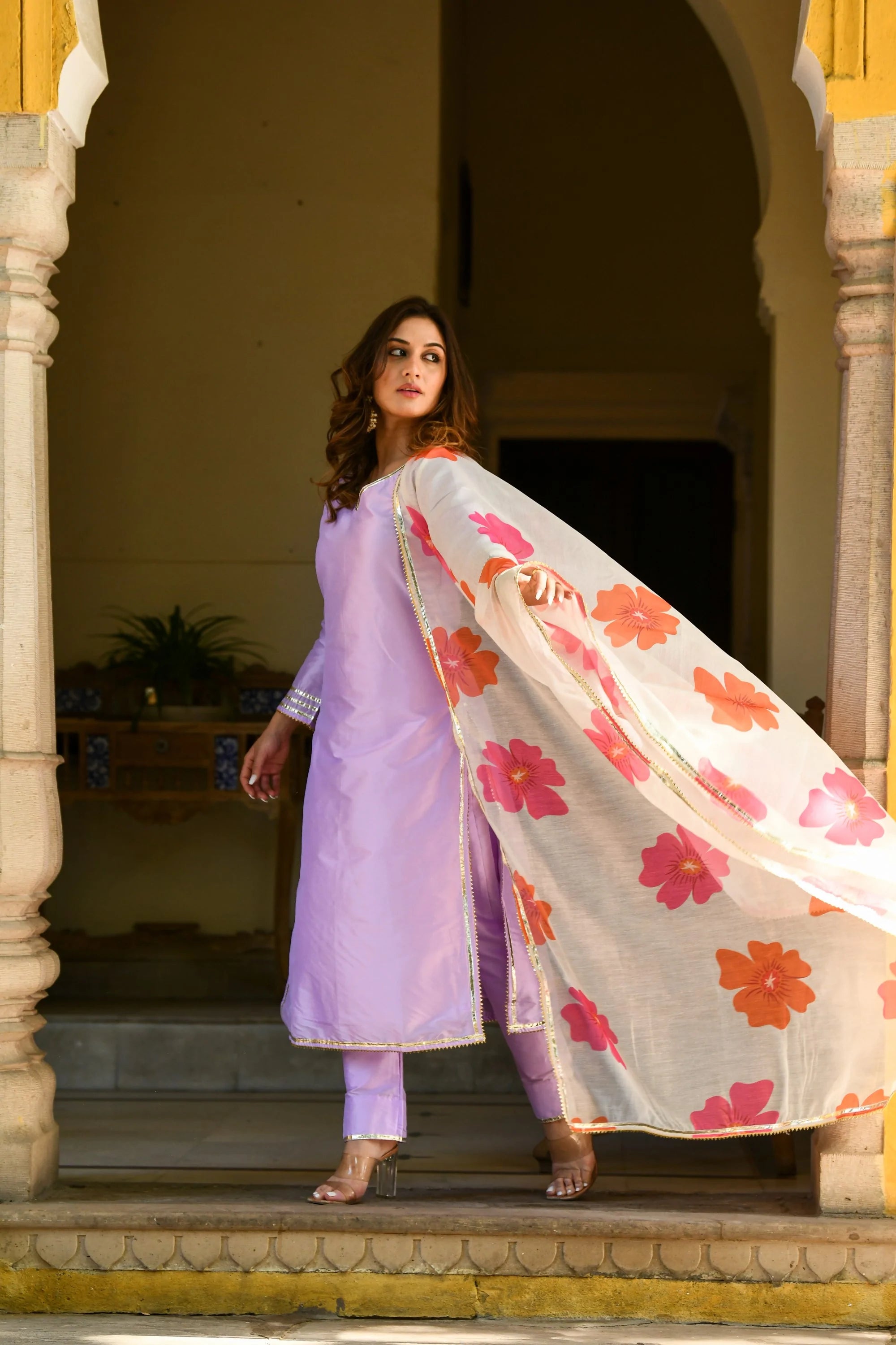 Women's Purple Suit Set With Floral Dupatta- (3Pcs) - Saras The Label