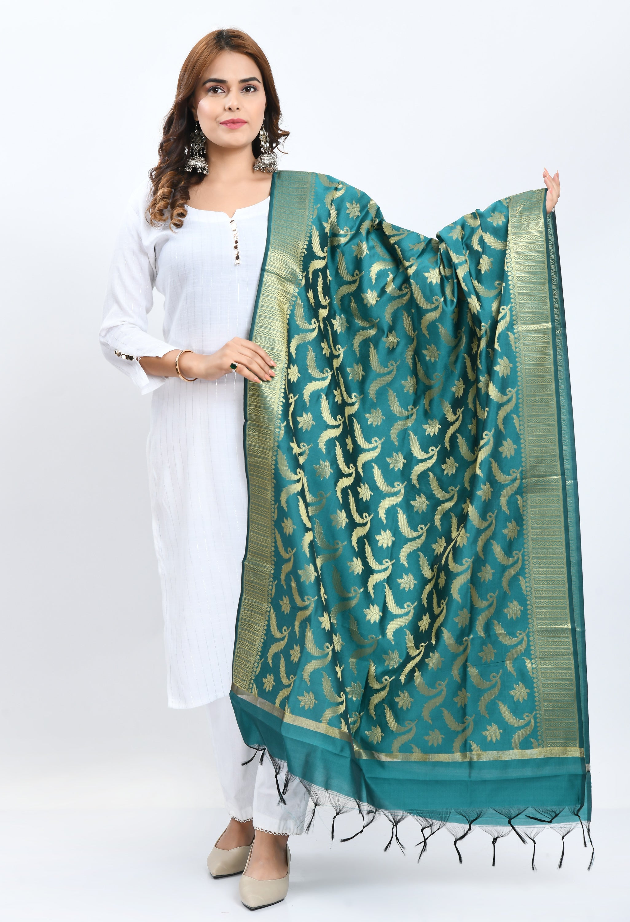 Women's Banarsi Silk Floral Woven Design Rama Green Dupatta - Moeza