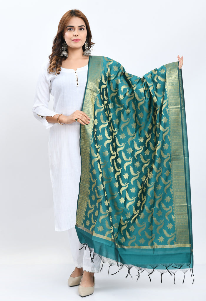 Women's Banarsi Silk Floral Woven Design Rama Green Dupatta