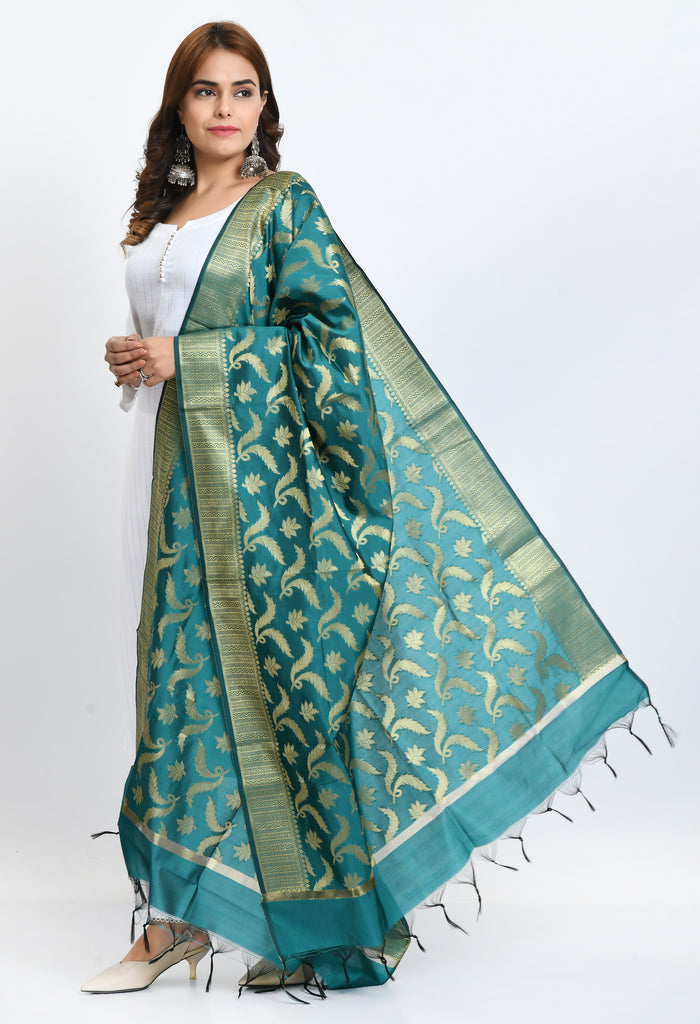 Women's Banarsi Silk Floral Woven Design Rama Green Dupatta