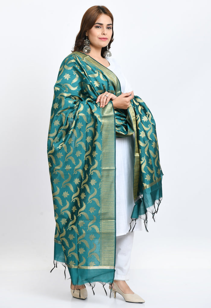 Women's Banarsi Silk Floral Woven Design Rama Green Dupatta