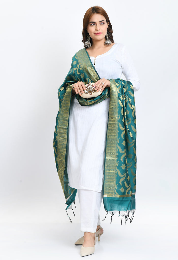 Women's Banarsi Silk Floral Woven Design Rama Green Dupatta