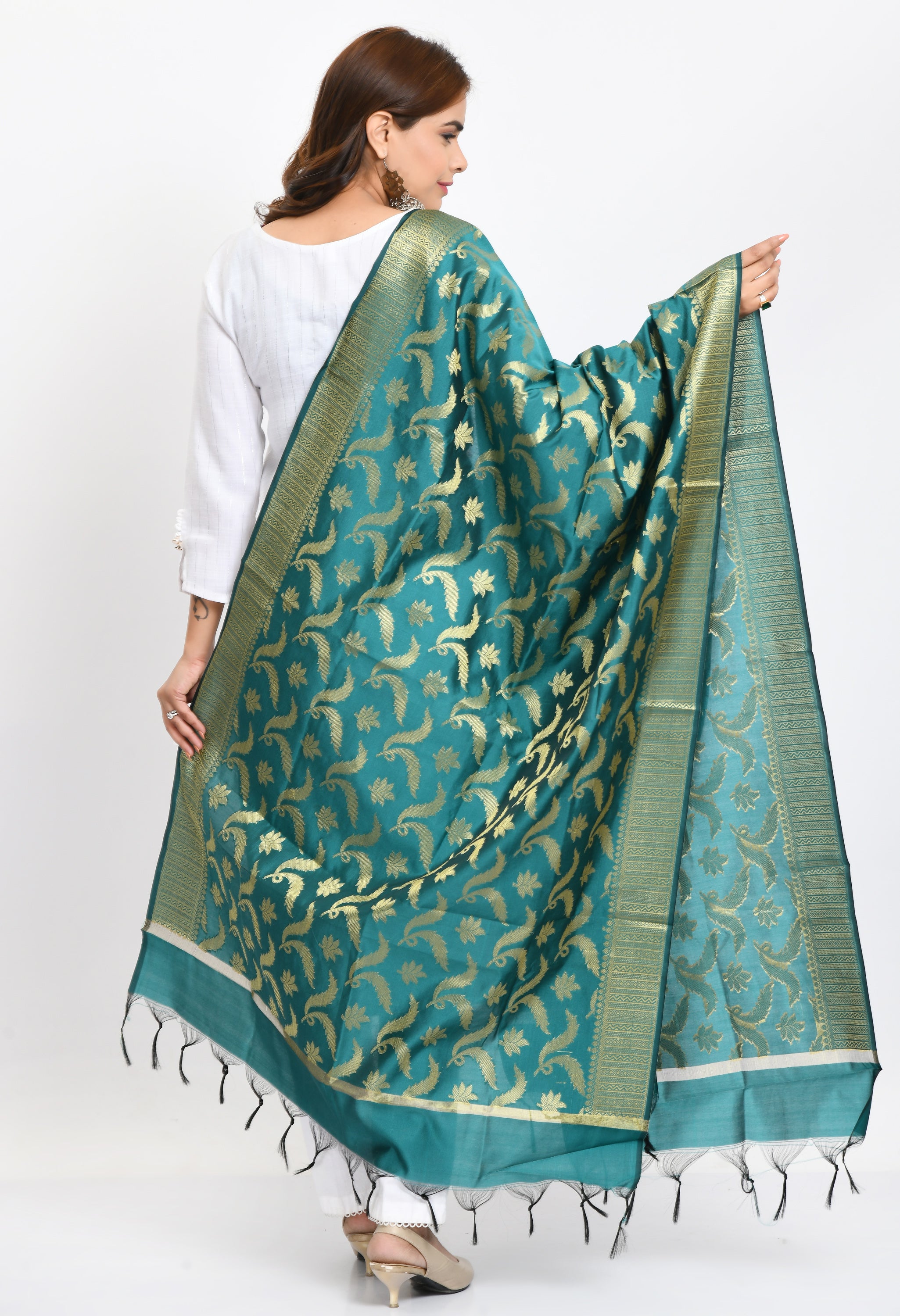 Women's Banarsi Silk Floral Woven Design Rama Green Dupatta - Moeza