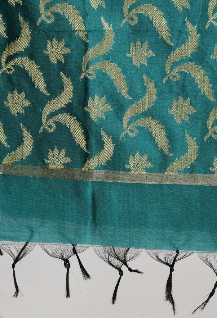Women's Banarsi Silk Floral Woven Design Rama Green Dupatta