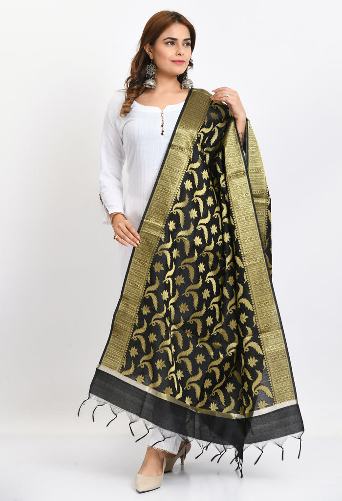 Women's Banarsi Silk Floral Woven Design Black Dupatta
