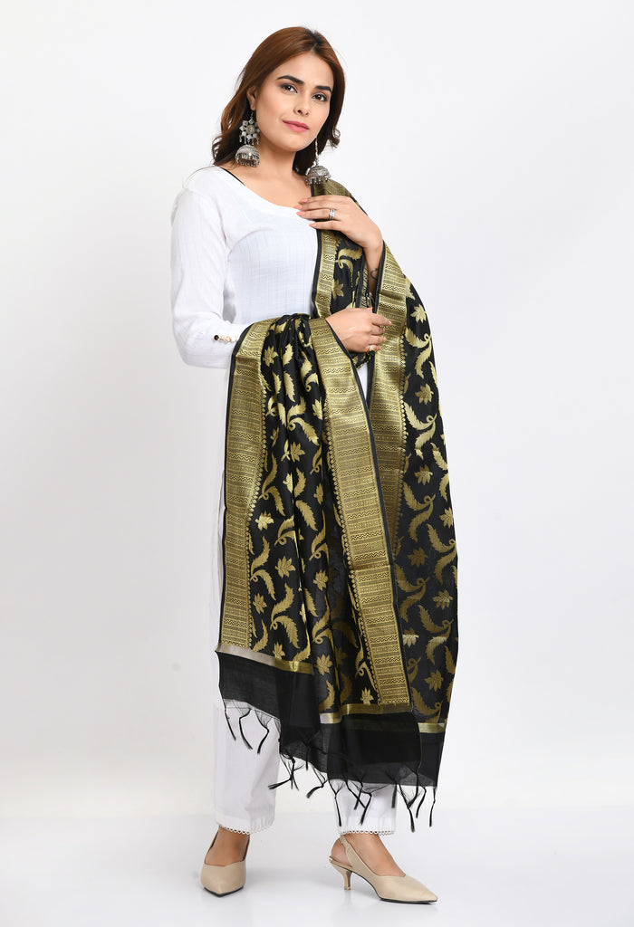 Women's Banarsi Silk Floral Woven Design Black Dupatta
