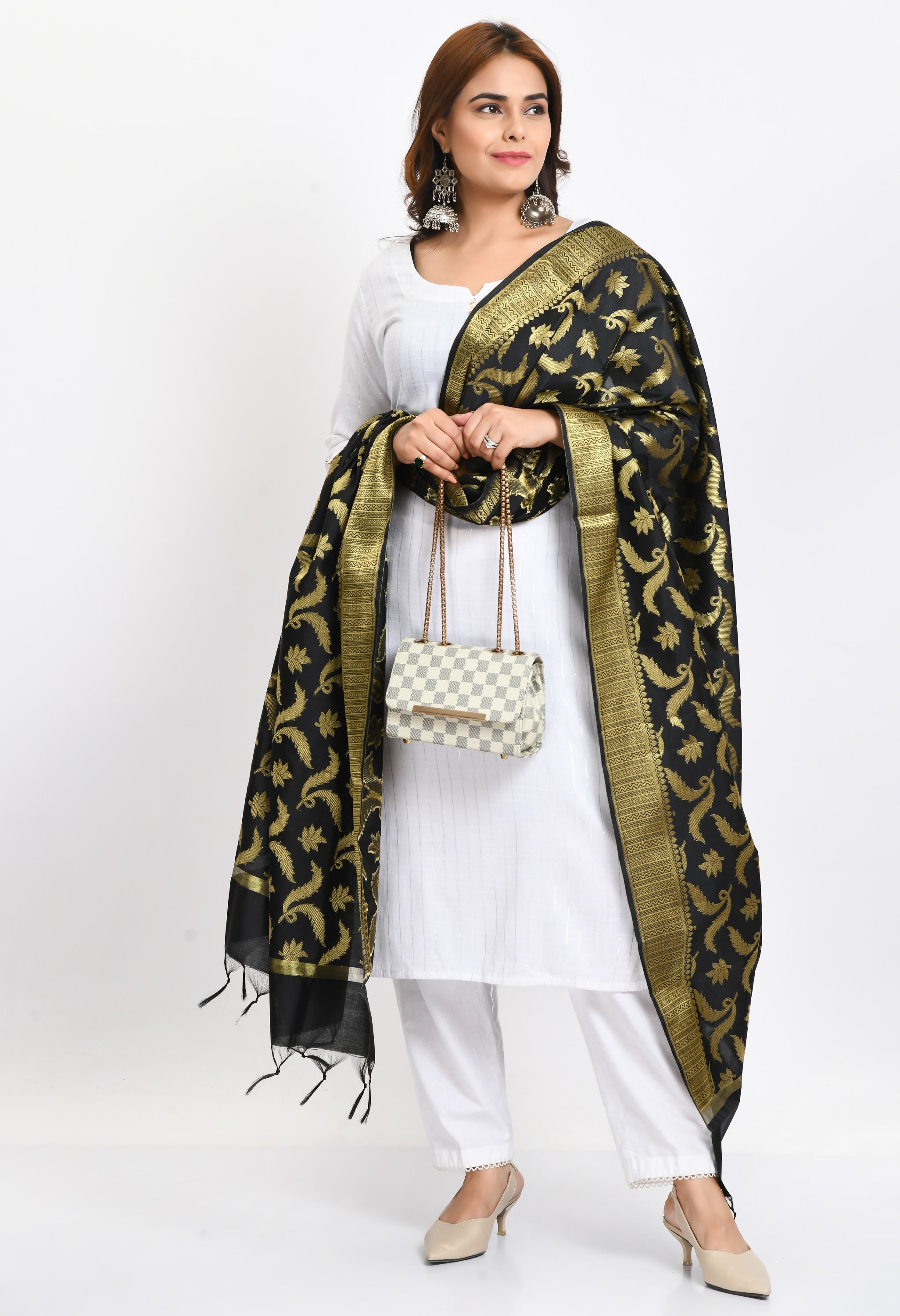 Women's Banarsi Silk Floral Woven Design Black Dupatta - Moeza