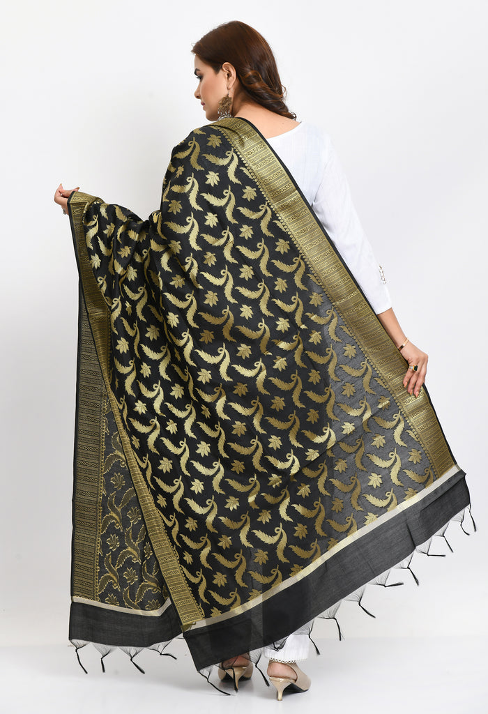 Women's Banarsi Silk Floral Woven Design Black Dupatta