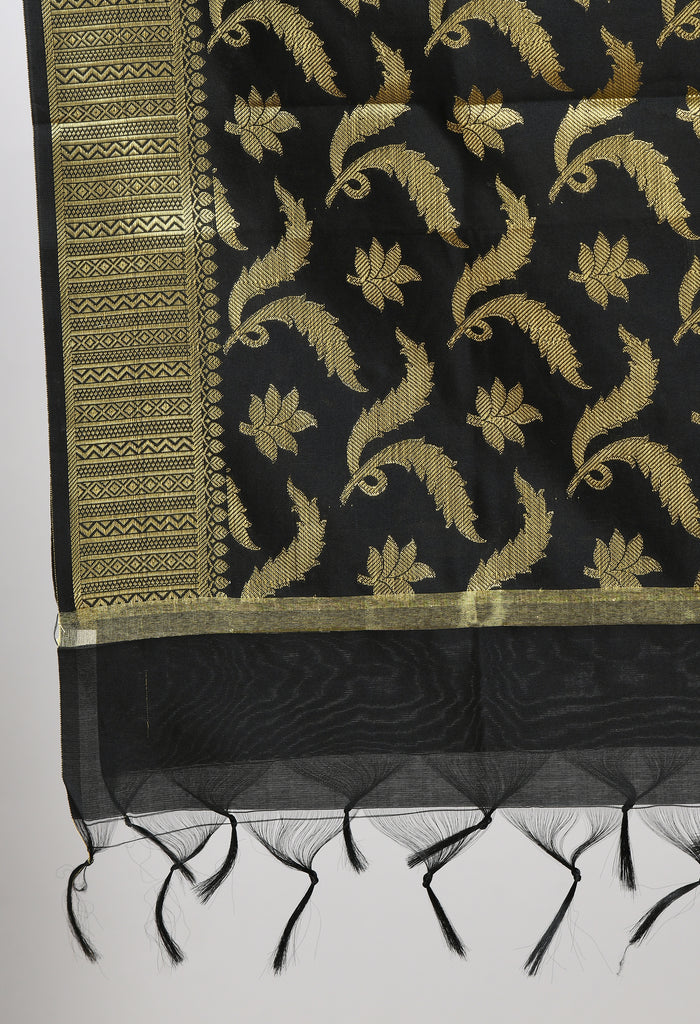 Women's Banarsi Silk Floral Woven Design Black Dupatta