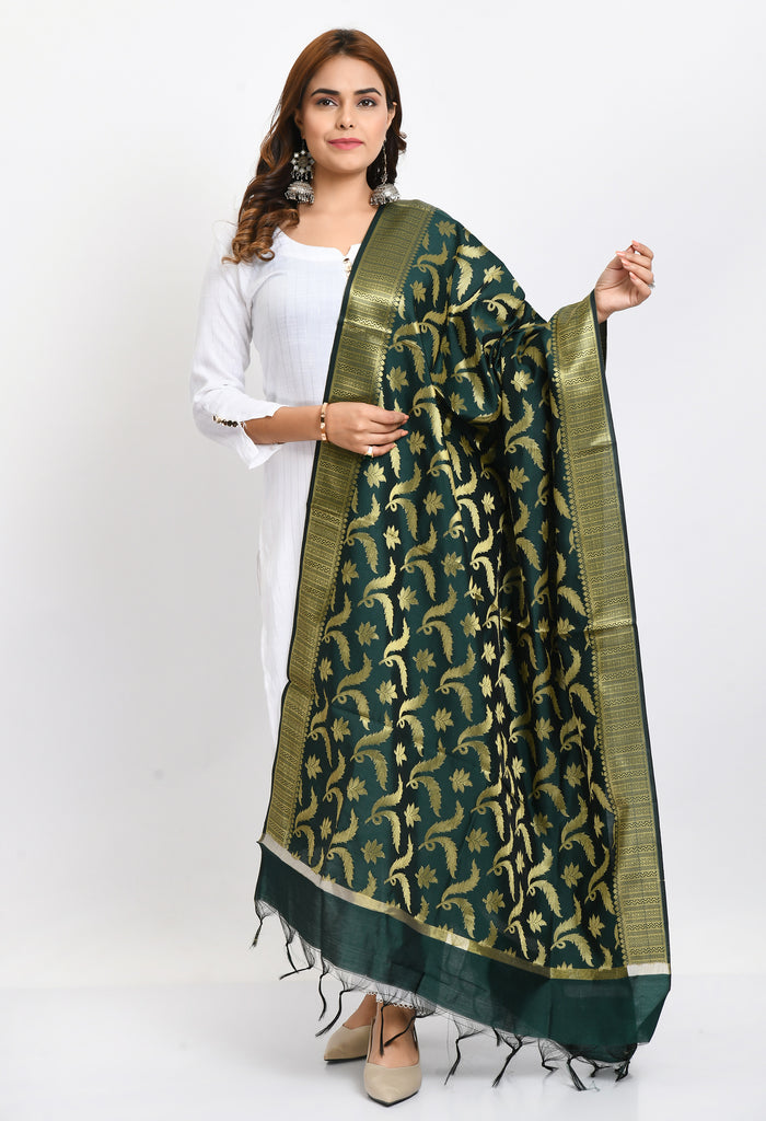 Women's Banarsi Silk Floral Woven Design Bottle Green Dupatta