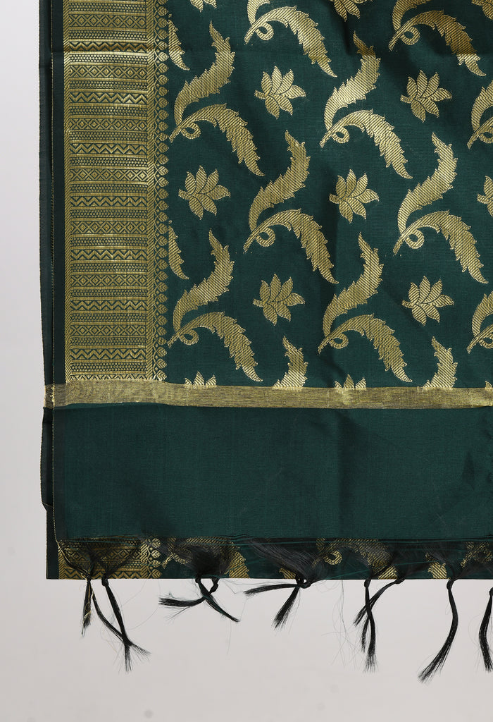 Women's Banarsi Silk Floral Woven Design Bottle Green Dupatta