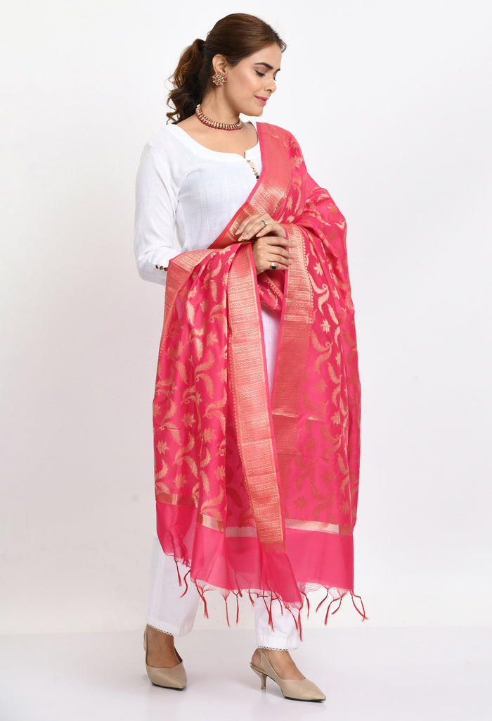 Women's Banarsi Silk Floral Woven Design Pink Dupatta