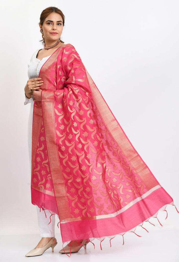 Women's Banarsi Silk Floral Woven Design Pink Dupatta