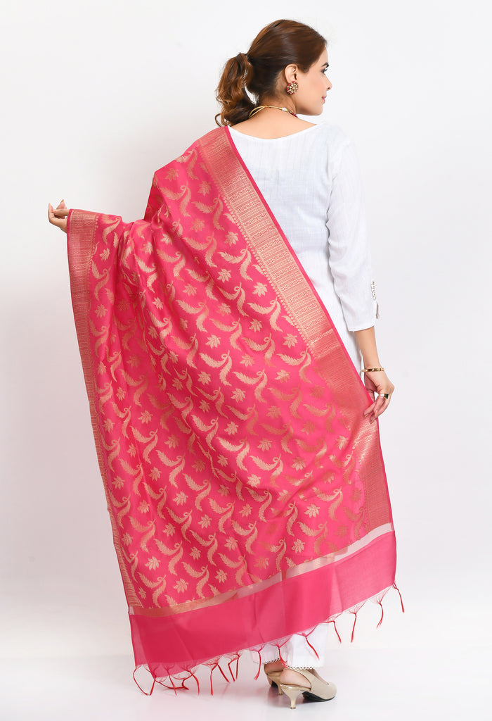 Women's Banarsi Silk Floral Woven Design Pink Dupatta