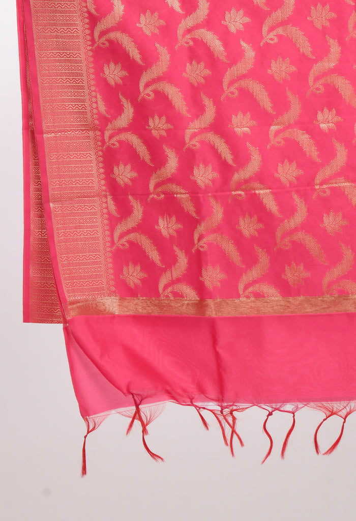 Women's Banarsi Silk Floral Woven Design Pink Dupatta