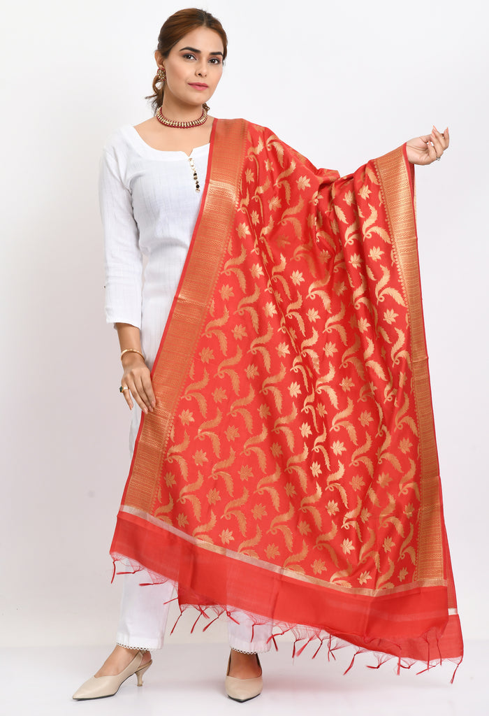 Women's Banarsi Silk Floral Woven Design Red Dupatta