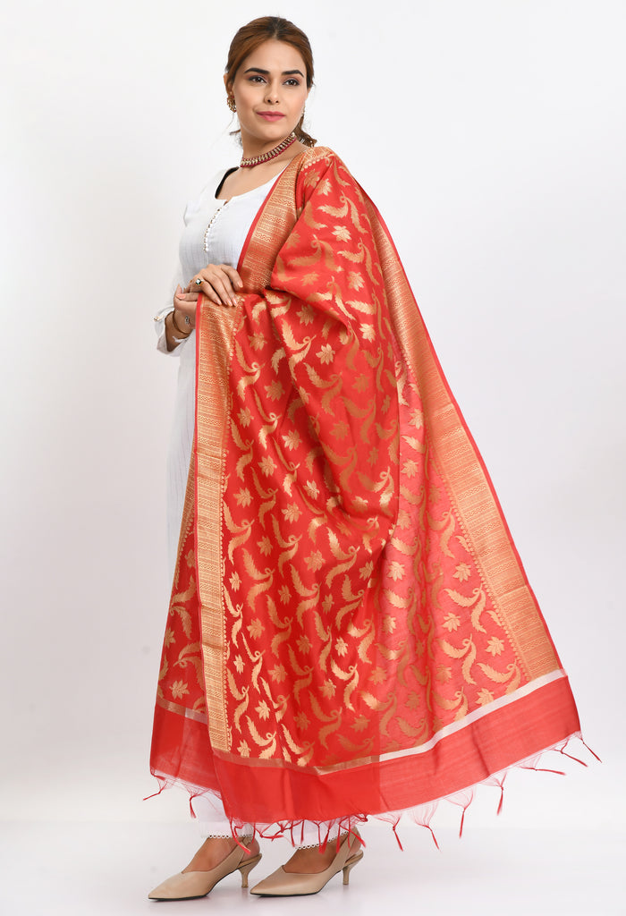 Women's Banarsi Silk Floral Woven Design Red Dupatta