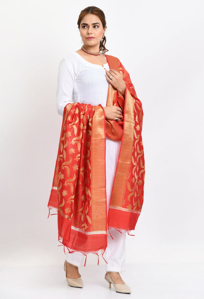 Women's Banarsi Silk Floral Woven Design Red Dupatta