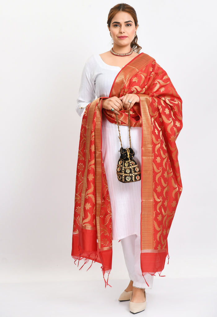 Women's Banarsi Silk Floral Woven Design Red Dupatta