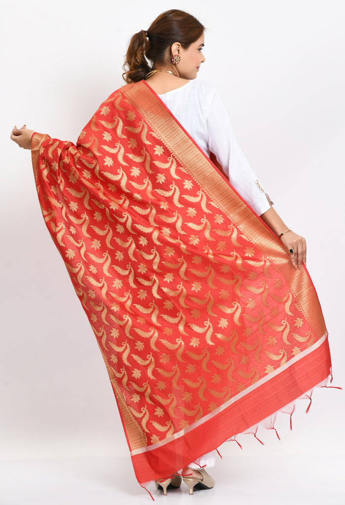 Women's Banarsi Silk Floral Woven Design Red Dupatta