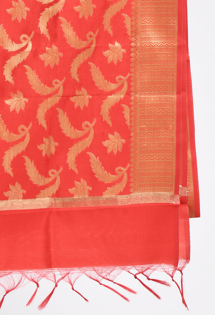 Women's Banarsi Silk Floral Woven Design Red Dupatta