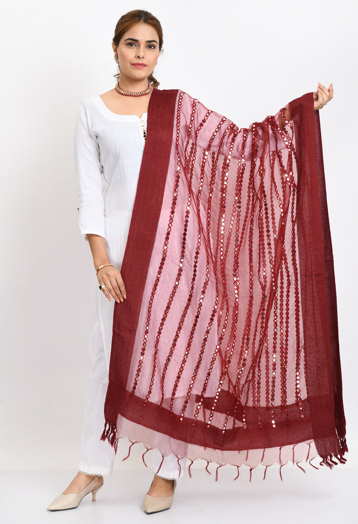 Women's Orgenza Mirror Stripe Thread Work Maroon Dupatta