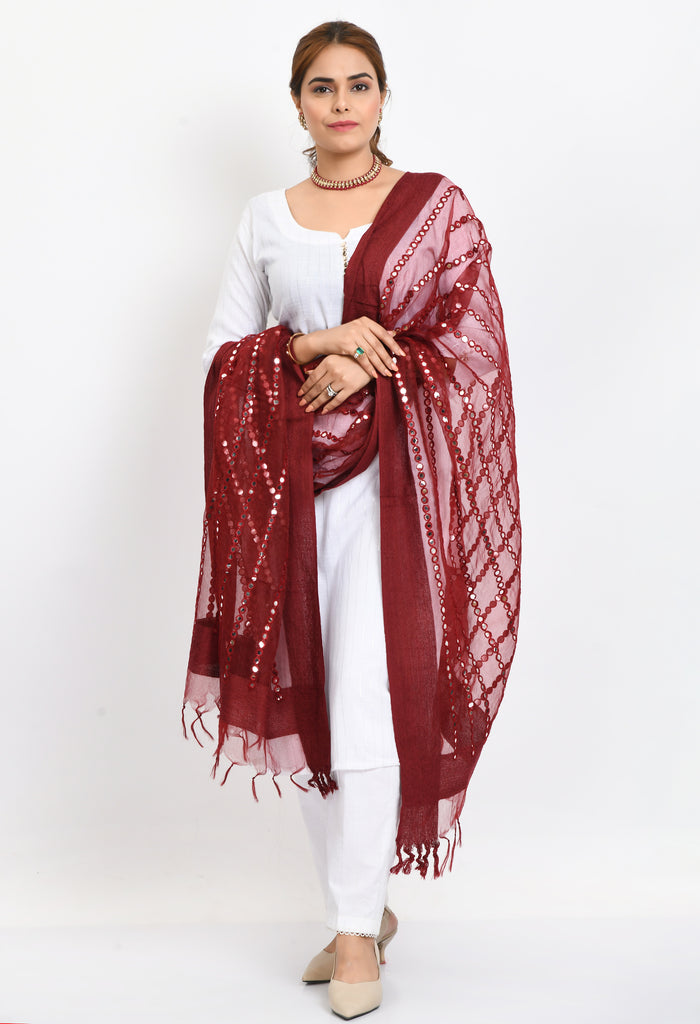 Women's Orgenza Mirror Stripe Thread Work Maroon Dupatta