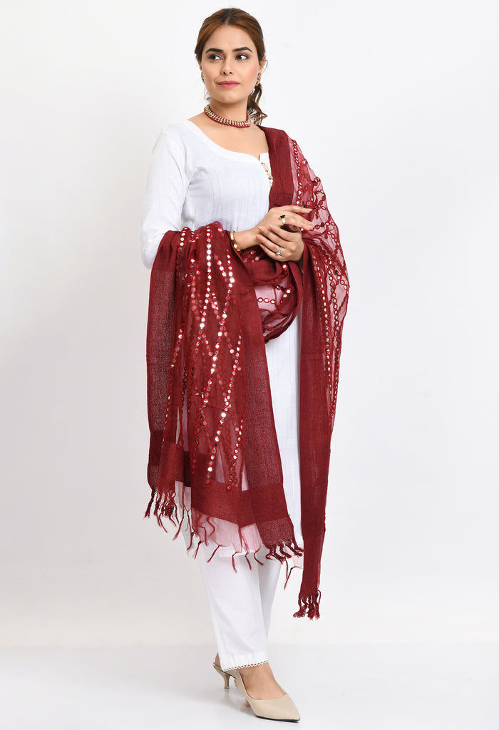 Women's Orgenza Mirror Stripe Thread Work Maroon Dupatta