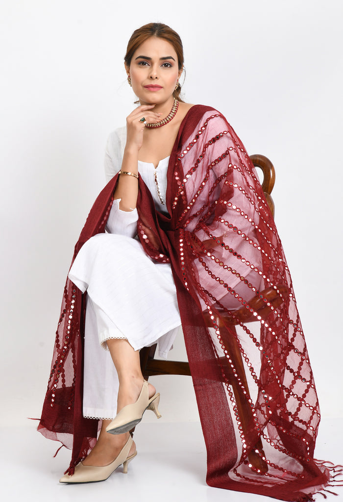 Women's Orgenza Mirror Stripe Thread Work Maroon Dupatta