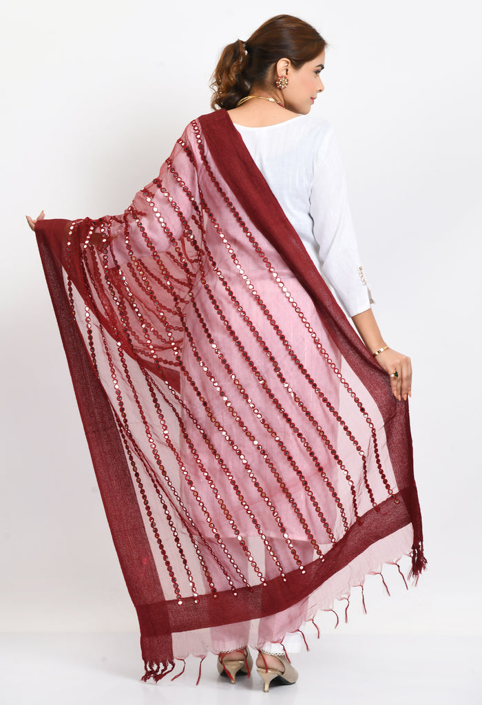 Women's Orgenza Mirror Stripe Thread Work Maroon Dupatta