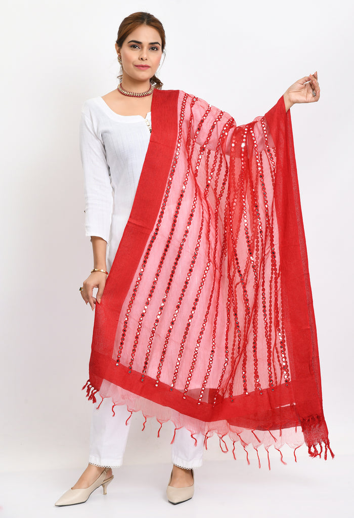Women's Orgenza Mirror Stripe Thread Work Red Dupatta