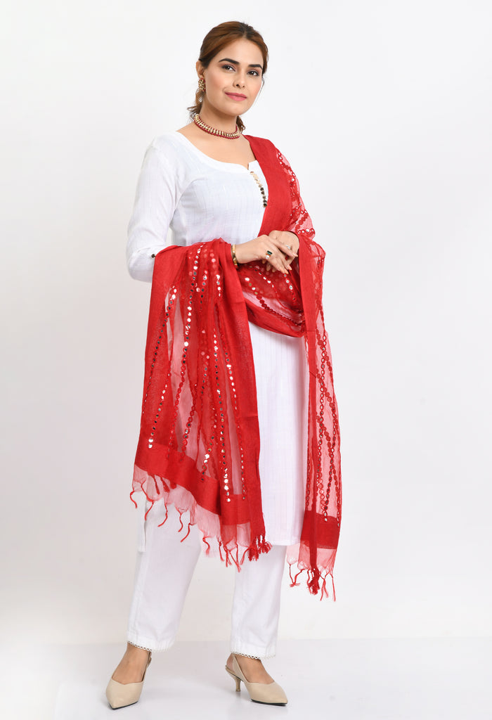 Women's Orgenza Mirror Stripe Thread Work Red Dupatta